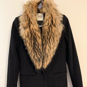 SAM Crosby black coat with fox fur trim